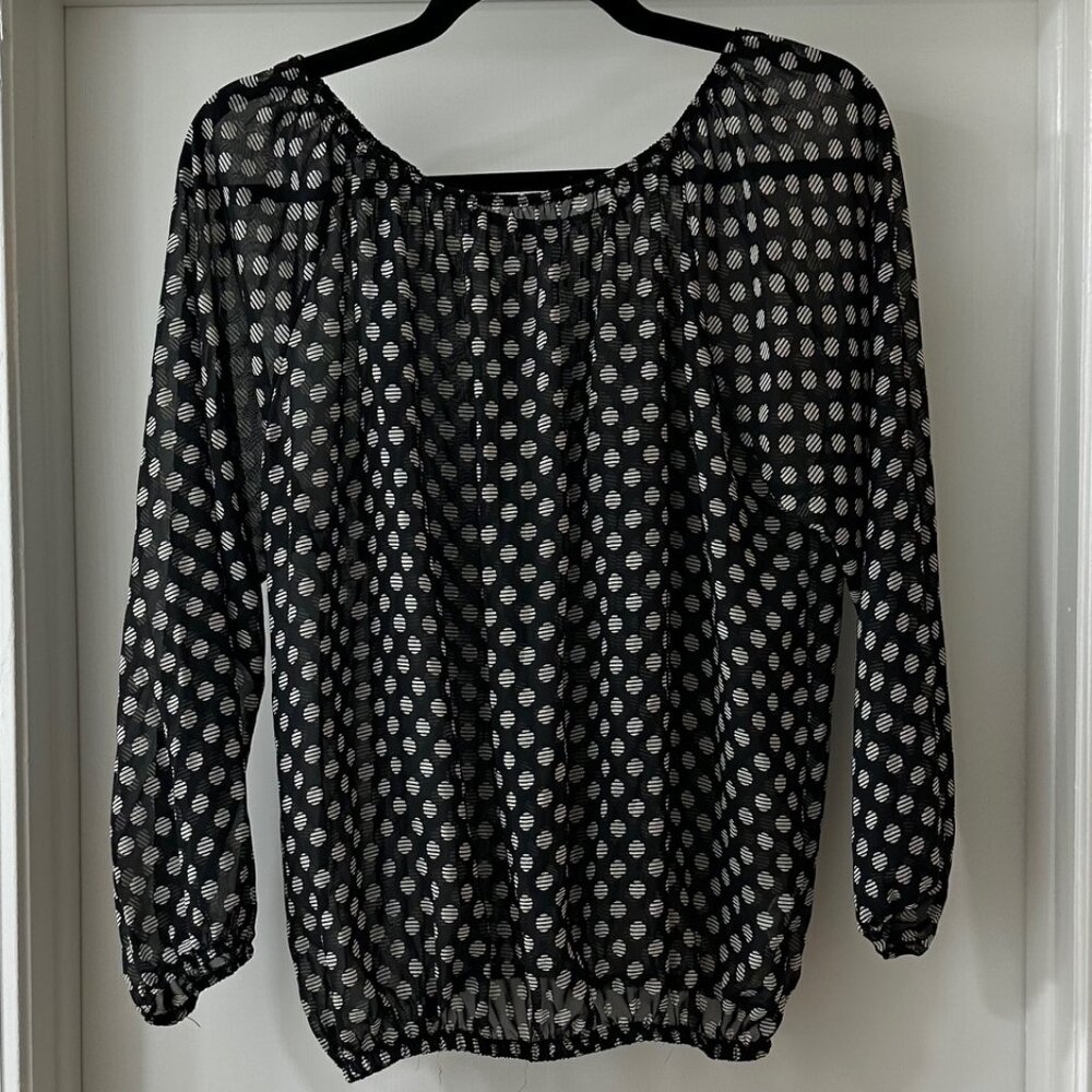 William B Black & White Polka Dot Sheer Top with Balloon Sleeves, Size L
